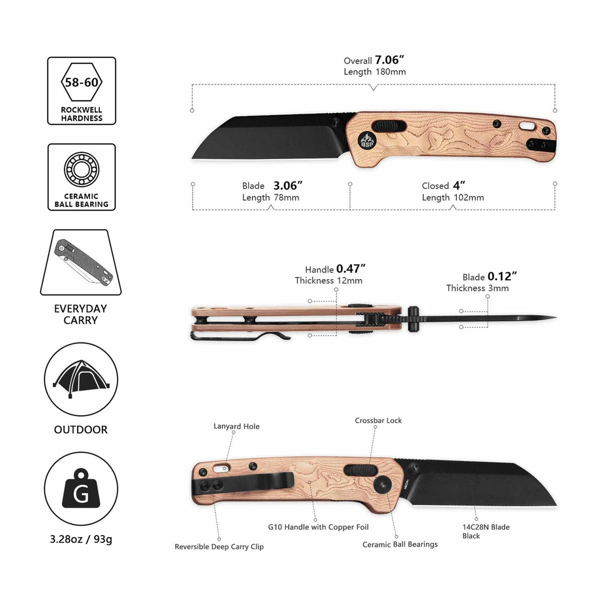 QSP Penguin Glyde Lock Pocket Knife 14C28N Blade G10 with Copper Foil Handle