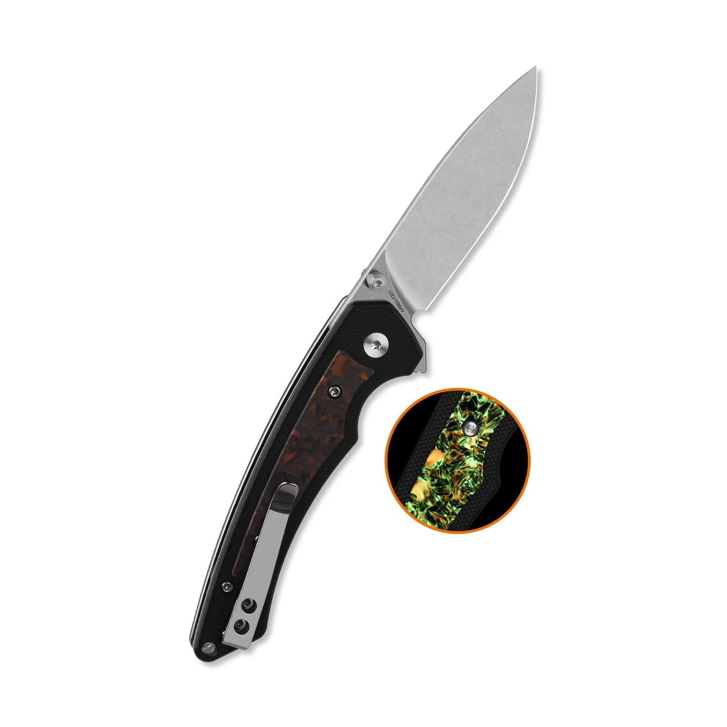 QSP Peregrine Stonewash 10Cr15MoV Black G10 with Glow in the Dark Shredded Carbon Fiber Folding Knife QSP