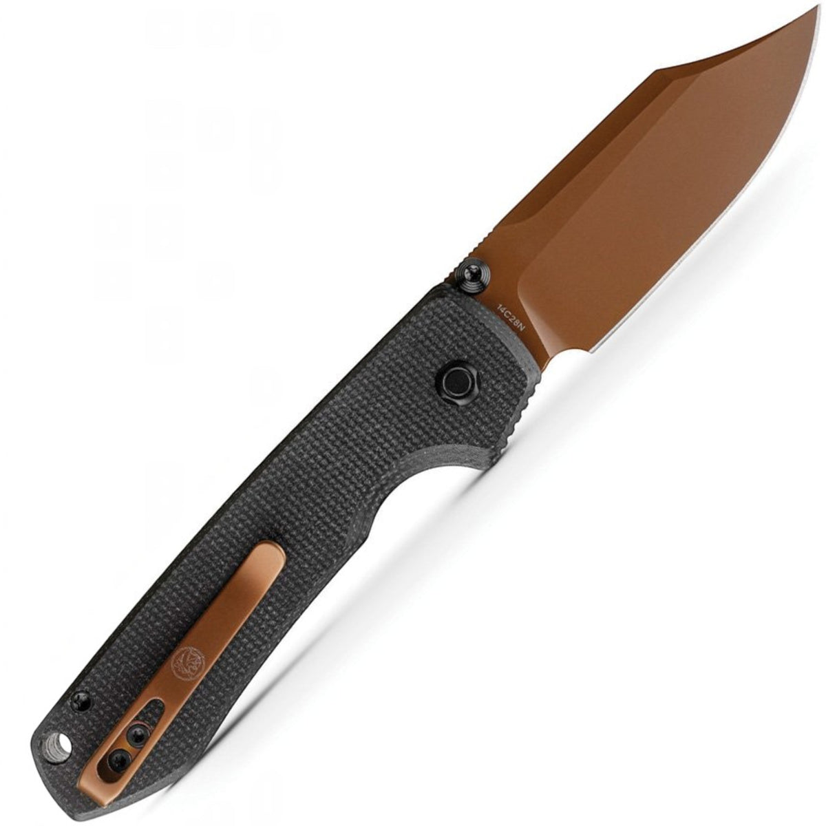 Vosteed Raccoon Black Micarta Button Lock Folding Knife Copper Dune