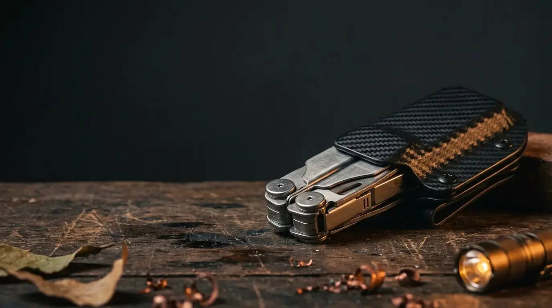 Multitool in a Kydex belt sheath on a workbench, Clip and Carry EDC cover image