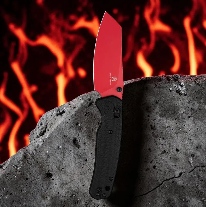 Bestech Cicada's Wing Folding Knife - Black G10 Handle Red 10Cr15CoMoV Blade B-Lock Clip & Carry
