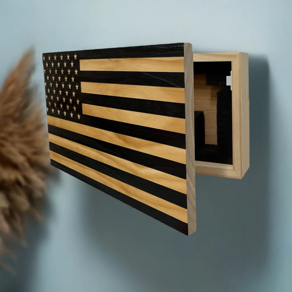 American Flag Decorative & Secure Wall-Mounted Gun Cabinet (Black) Bellewood Designs