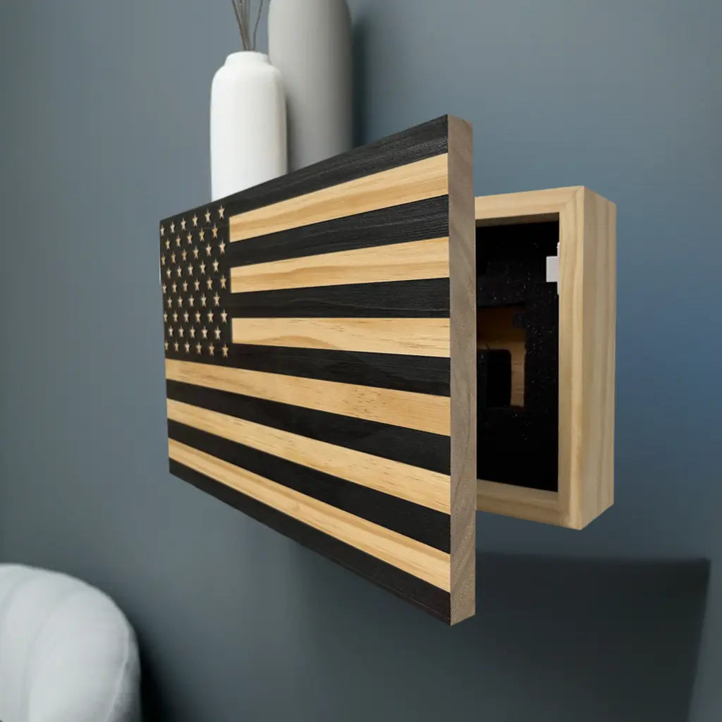 American Flag Decorative & Secure Wall-Mounted Gun Cabinet (Carbon Gray) Bellewood Designs
