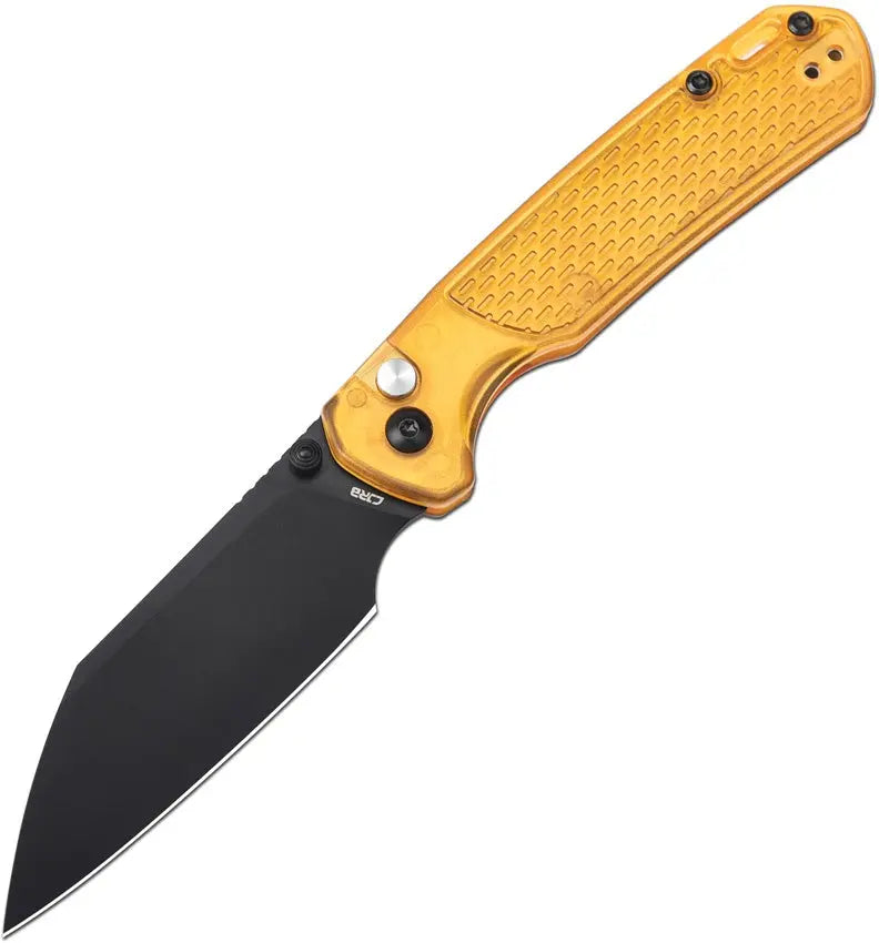CJRB Pyrite Light Amber Button Lock Folding Knife Clip & Carry
