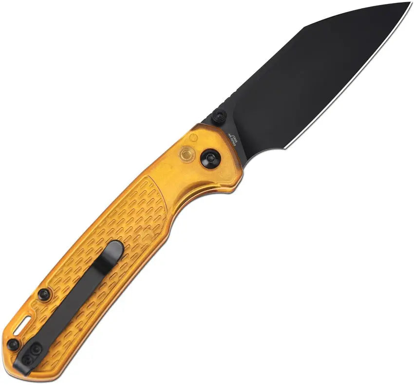 CJRB Pyrite Light Amber Button Lock Folding Knife Clip & Carry