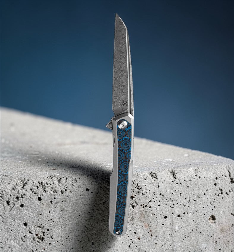 Kansept Arcus Damascus Framelock Folding Knife w/ Carbon Fiber Inlay