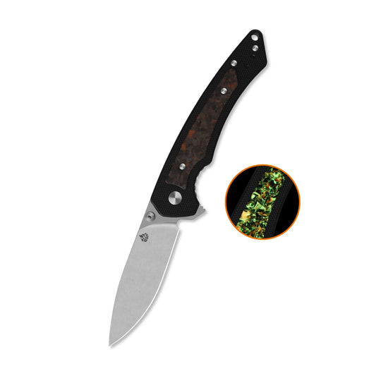QSP Peregrine Stonewash 10Cr15MoV Black G10 with Glow in the Dark Shredded Carbon Fiber Folding Knife QSP