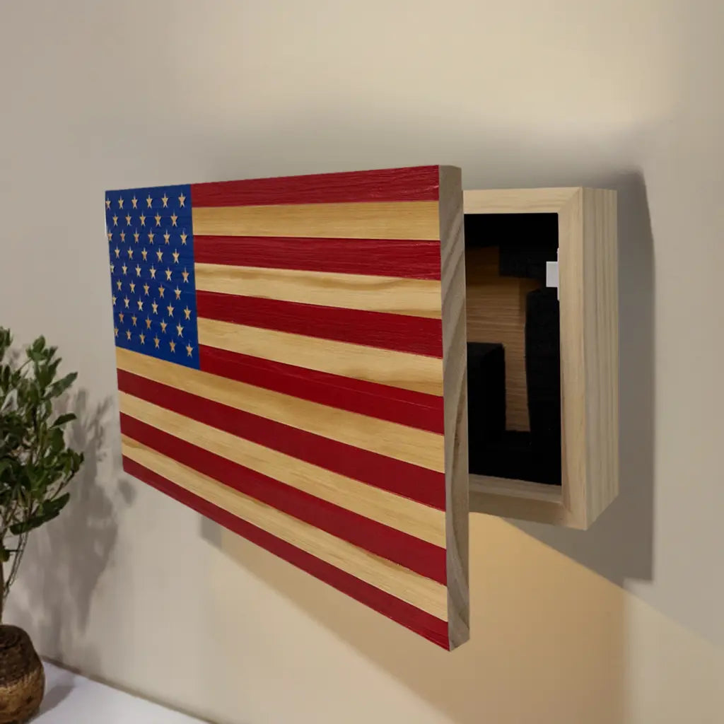American Flag Decorative & Secure Wall-Mounted Gun Cabinet (Red & Blue) Bellewood Designs