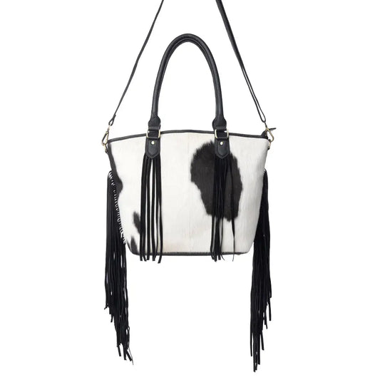 Myra High Plains Hairon Leather Concealed Fringe Carry Bag in Ebony Bone Myra USA
