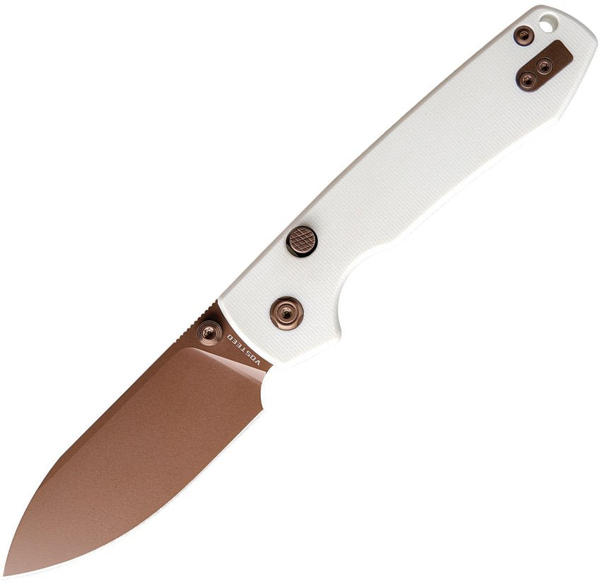 Vosteed Raccoon White G10 Button Lock Folding Knife Drop-Point Copper Dune Blade