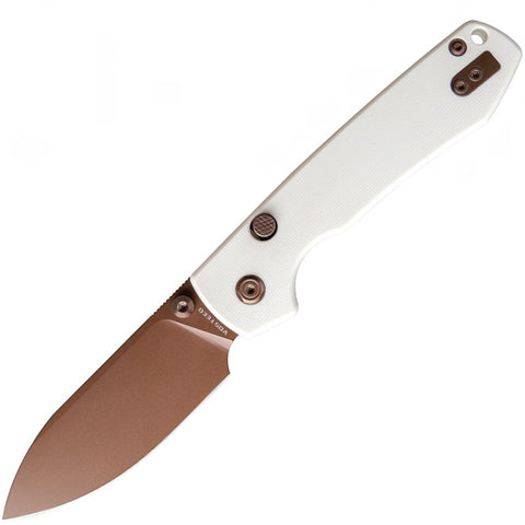 Vosteed Raccoon White G10 Button Lock Folding Knife Drop-Point Copper Dune Blade