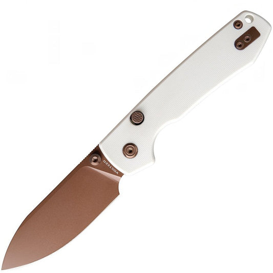 Vosteed Raccoon White G10 Button Lock Folding Knife Drop-Point Copper Dune Blade