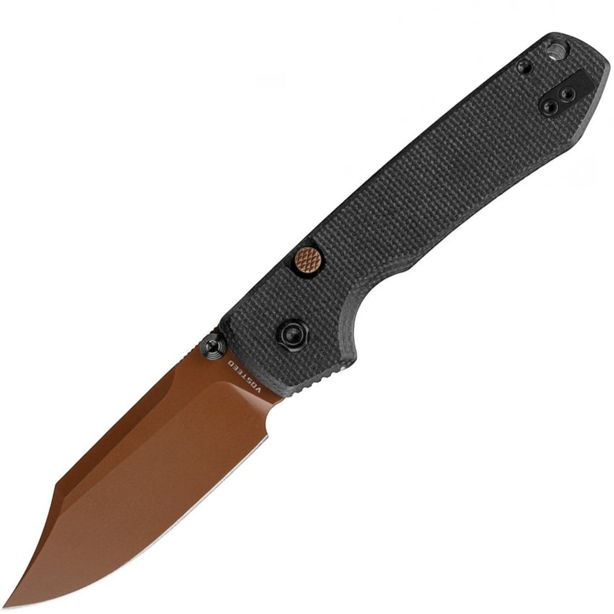 Vosteed Raccoon Black Micarta Button Lock Folding Knife Copper Dune
