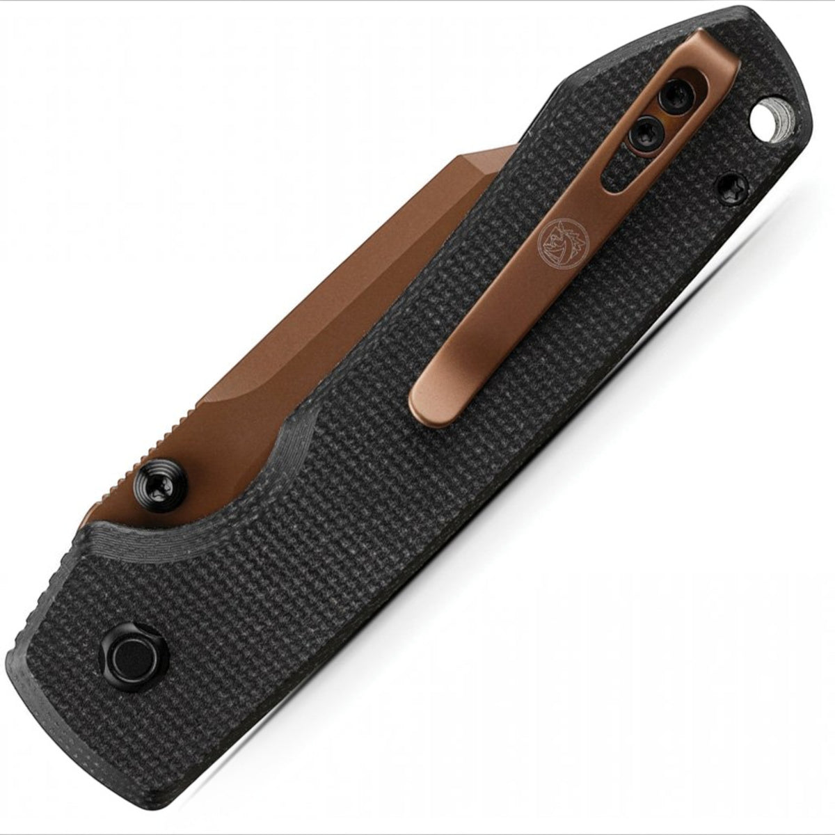 Vosteed Raccoon Black Micarta Button Lock Folding Knife Copper Dune