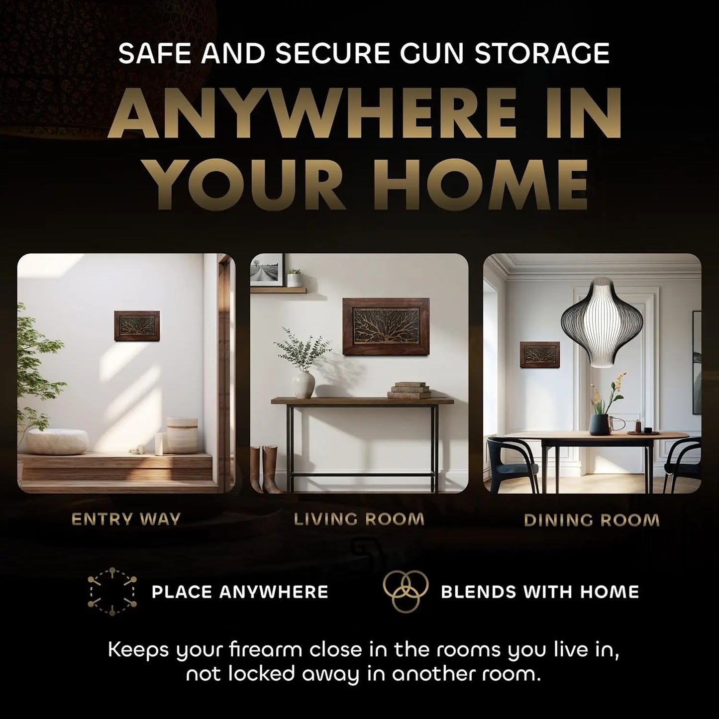 Gun Concealment Furniture - Hidden Gun Safe with Birds in a Tree Design - Fits 2 Handguns & Magazines - Wall Mounted Gun Storage with Magnetic Lock - Made in USA Bellewood Designs