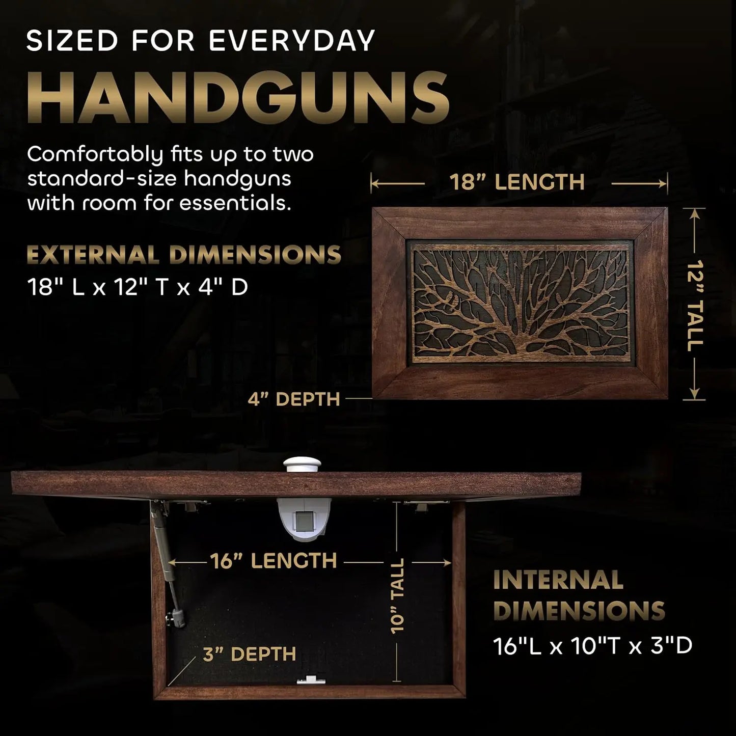 Gun Concealment Furniture - Hidden Gun Safe with Birds in a Tree Design - Fits 2 Handguns & Magazines - Wall Mounted Gun Storage with Magnetic Lock - Made in USA Bellewood Designs
