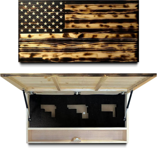 Large American Flag Gun Safe - Quick Access Hidden Gun Safe for Rifles, Shotguns, & Handguns - Gun Concealment Furniture with Magnetic Lock - Gun Self Hidden Storage (Burnt) Bellewood Designs